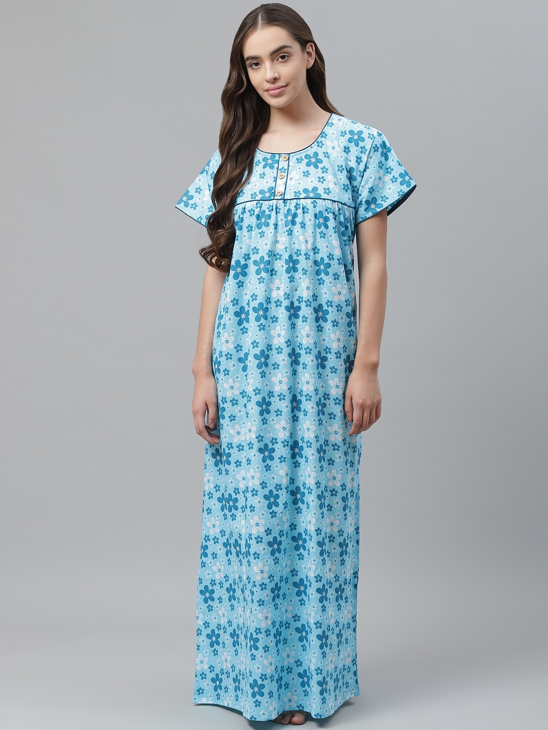

Vemante Blue & White Floral Printed Pure Cotton Maxi Nightdress