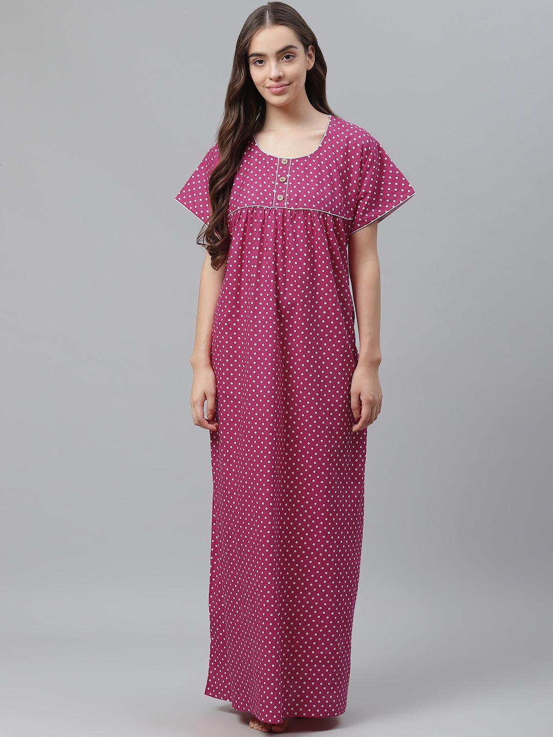 

Vemante Magenta & White Polka Dot Printed Pure Cotton Maxi Nightdress