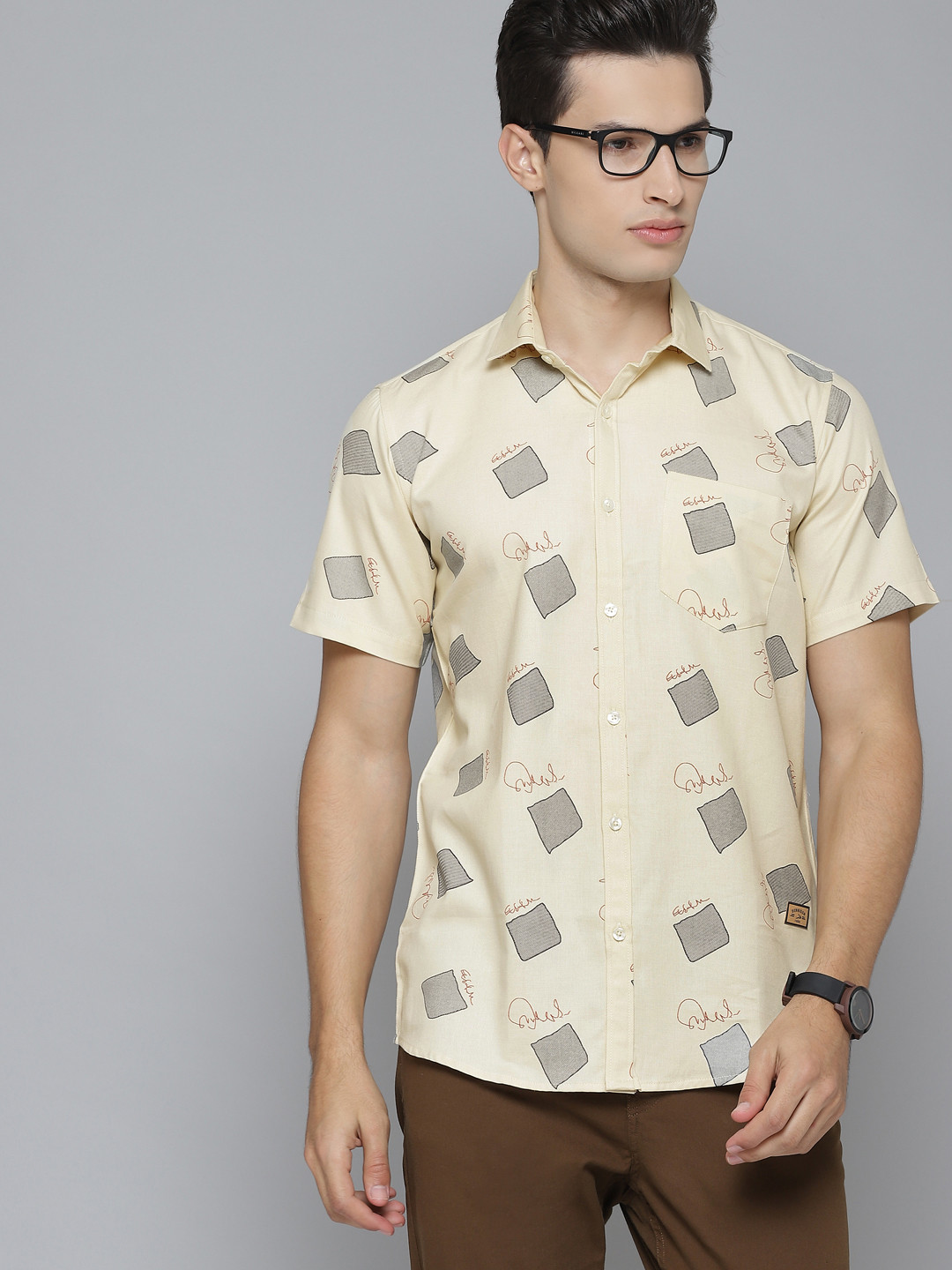 

DENNISON Men Cream-Coloured & Navy Blue Slim Fit Printed Pure Cotton Casual Shirt