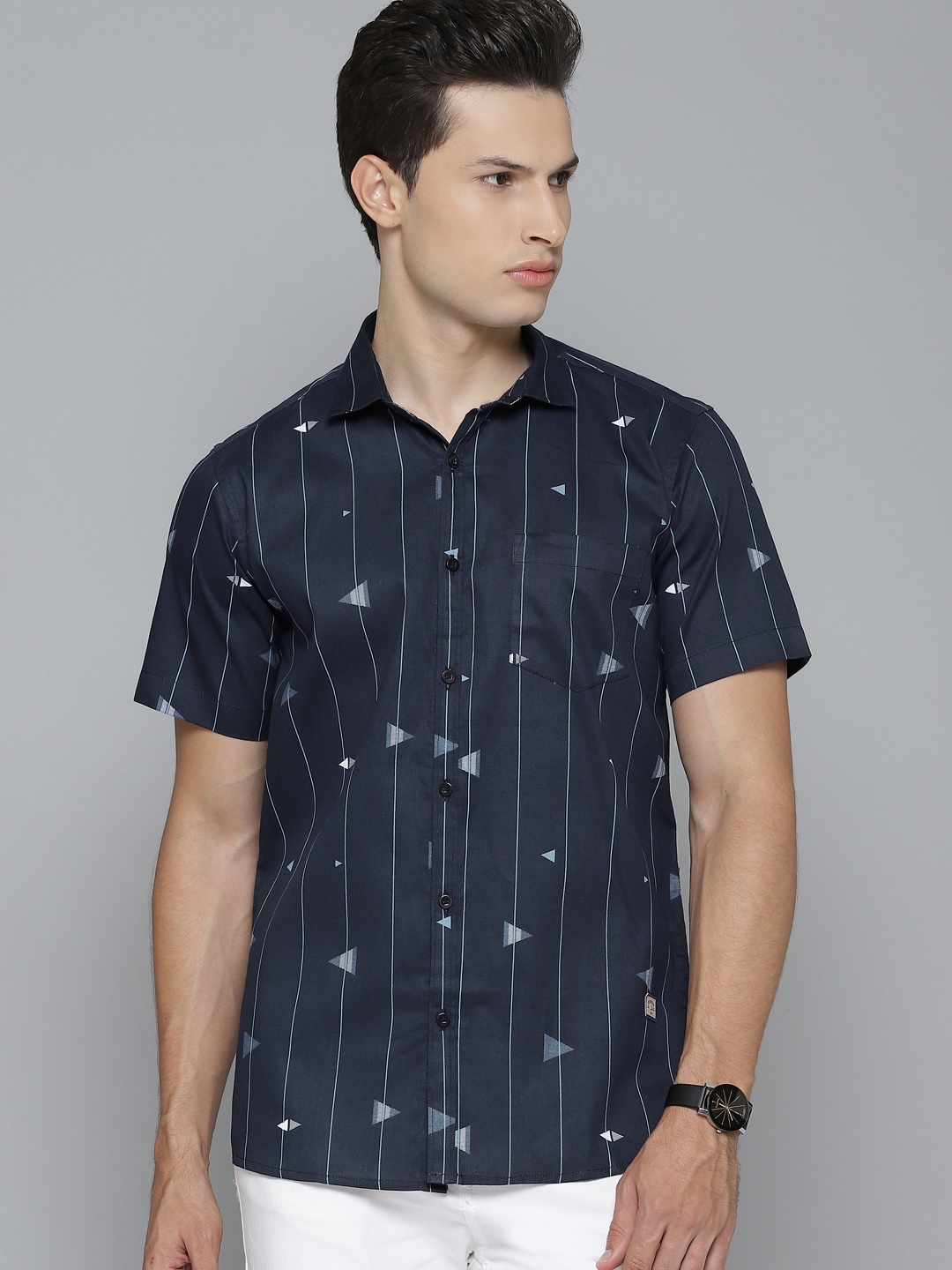 

DENNISON Men Navy Blue & White Slim Fit Printed Pure Cotton Casual Shirt