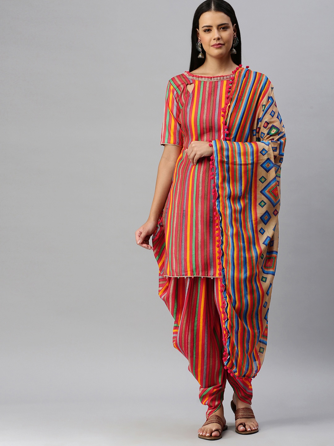 

SHAVYA Multicoloured Striped Cotton Blend Unstitched Kurta Set Dress Material, Multi