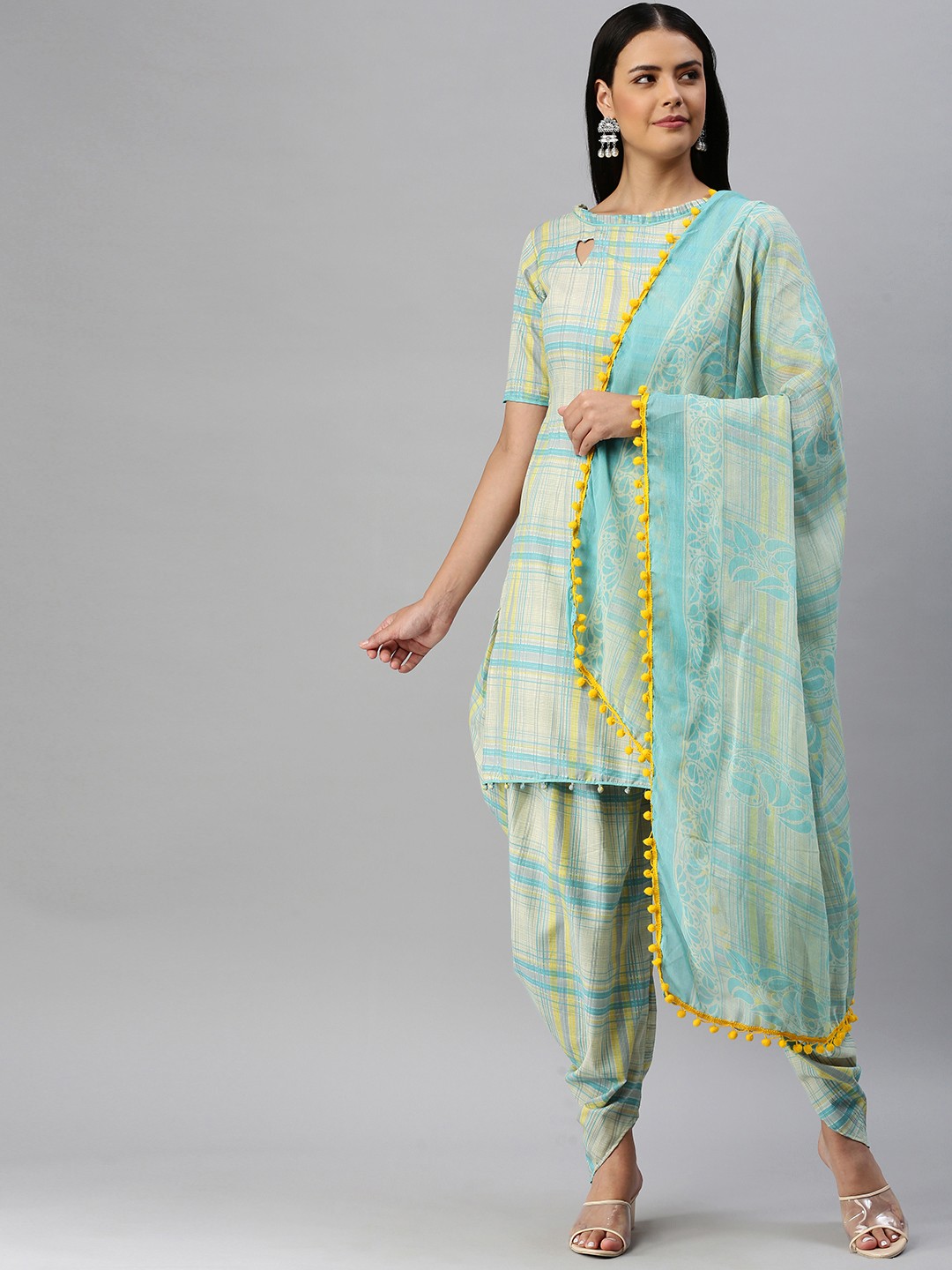 

SHAVYA Turquoise Blue & Beige Checked Cotton Blend Unstitched Kurta Set Dress Material
