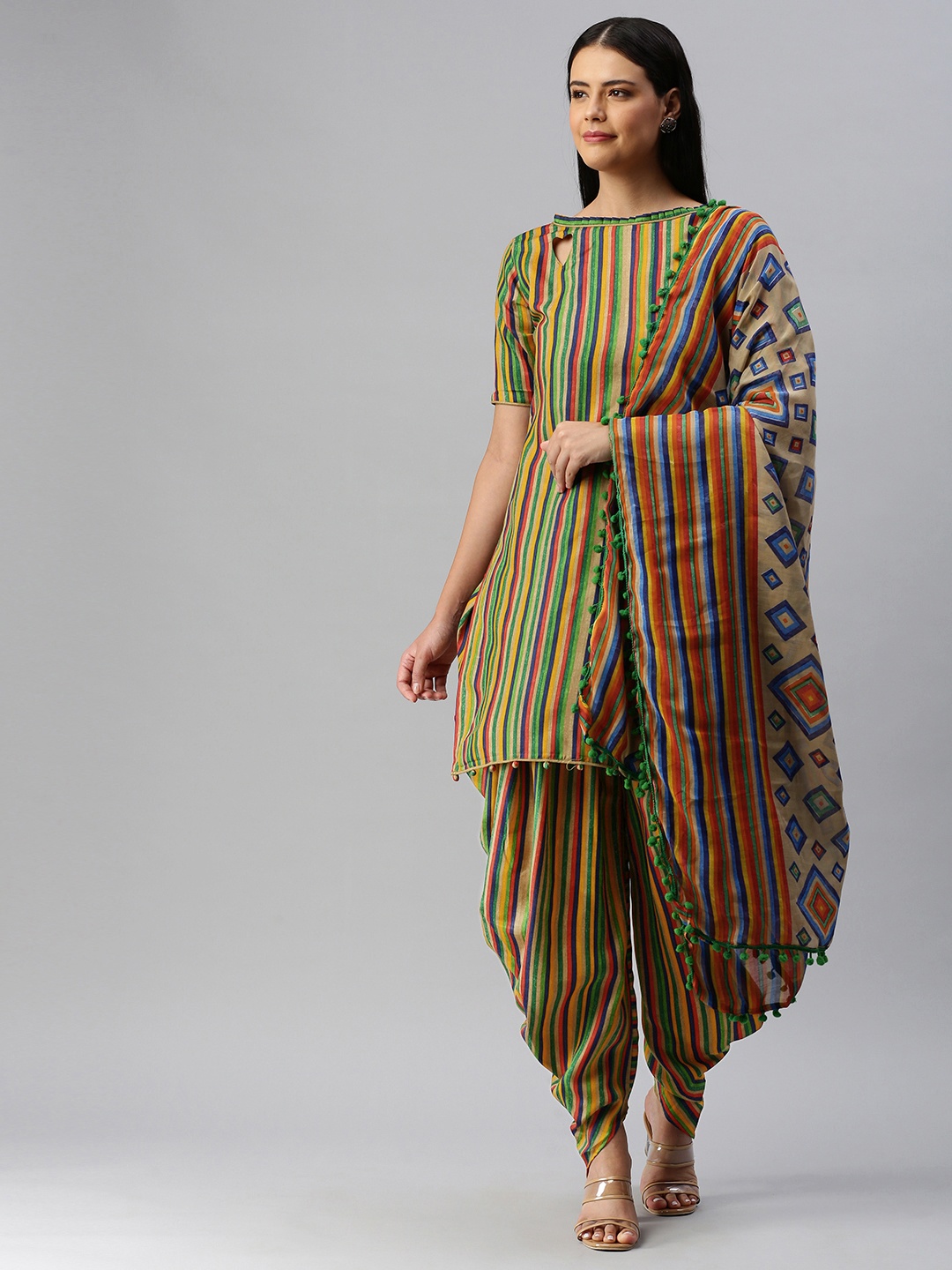 

SHAVYA Green & Red Cotton Blend Unstitched Dress Material
