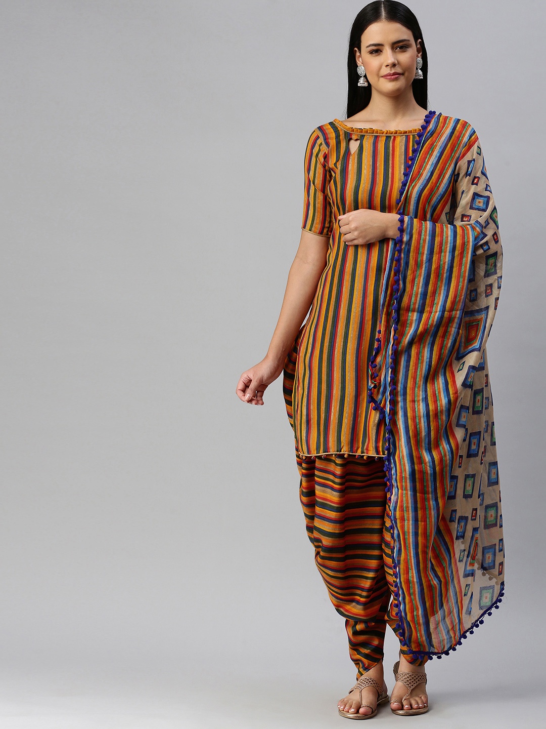 

SHAVYA Orange & Blue Cotton Blend Unstitched Dress Material