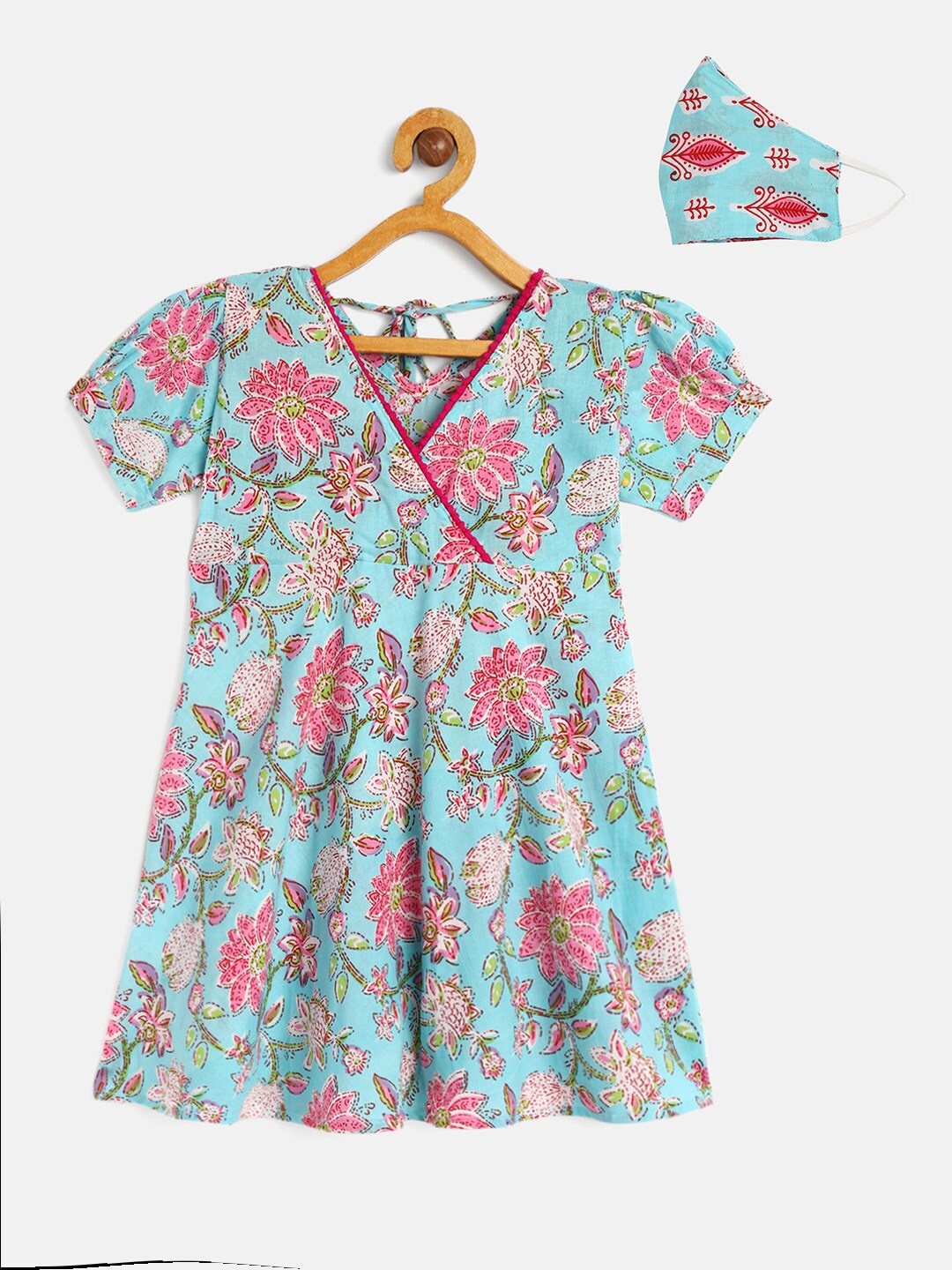 

kidcetra Girls Blue & Pink Printed Fit and Flare Dress