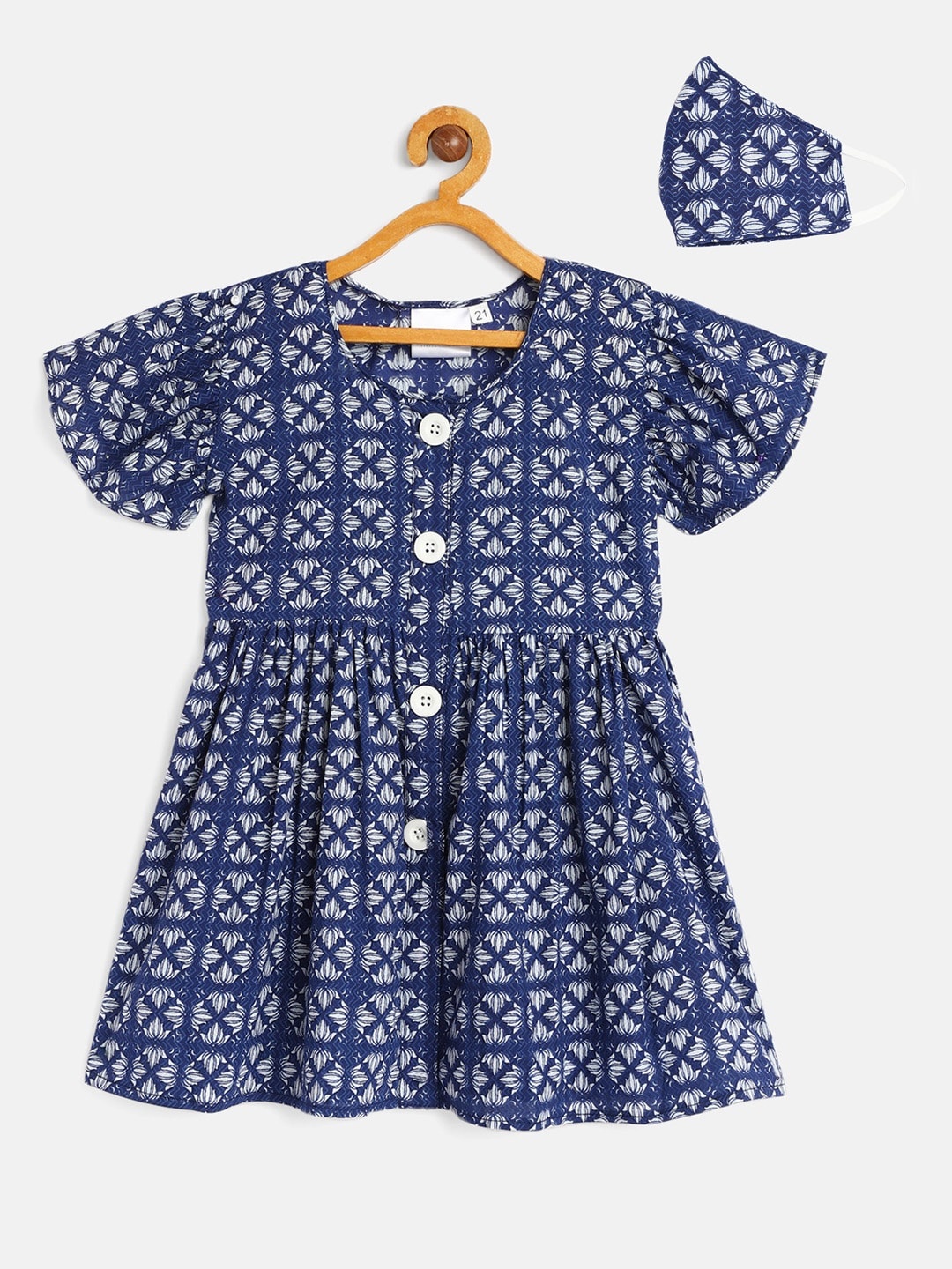 

kidcetra Girls Navy Blue & White Printed Cotton Fit and Flare Dress with Mask
