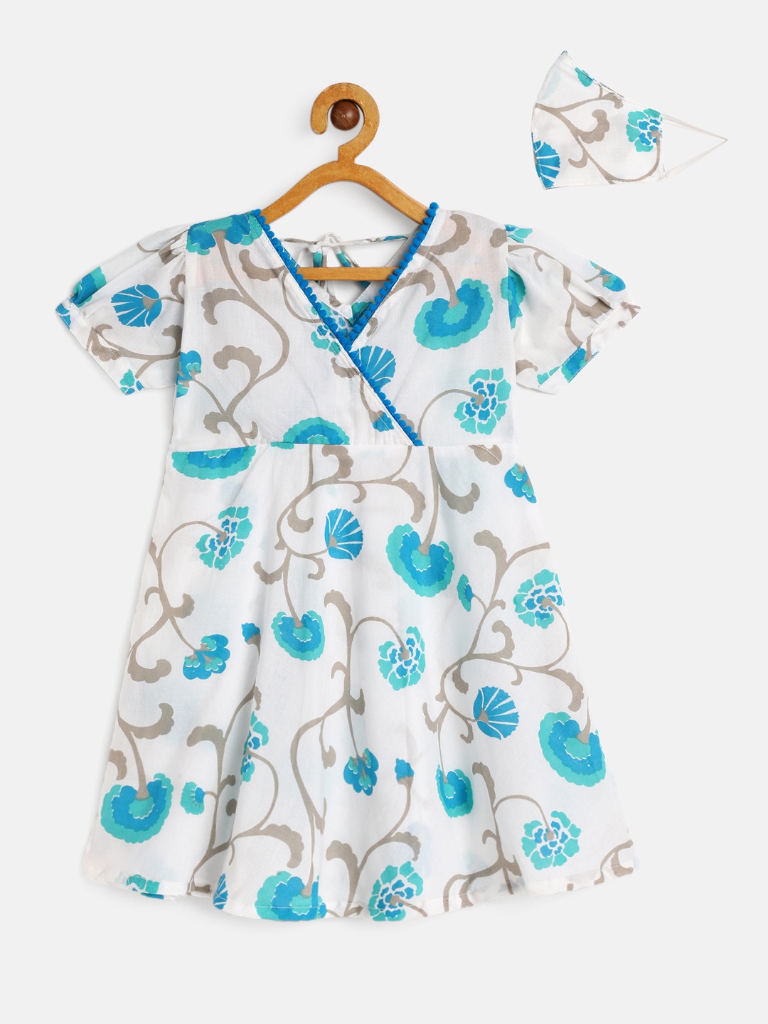

kidcetra Girls White & Blue Printed Fit and Flare Dress
