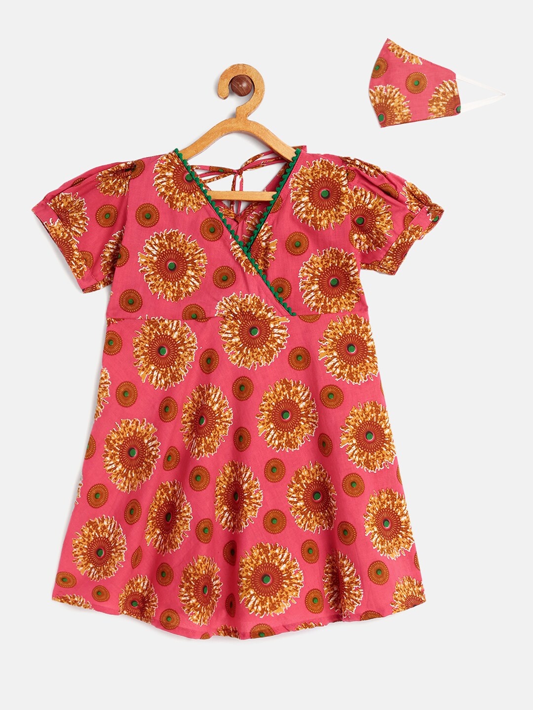 

kidcetra Girls Multi Coloured Printed Fit and Flare Dress with Mask
