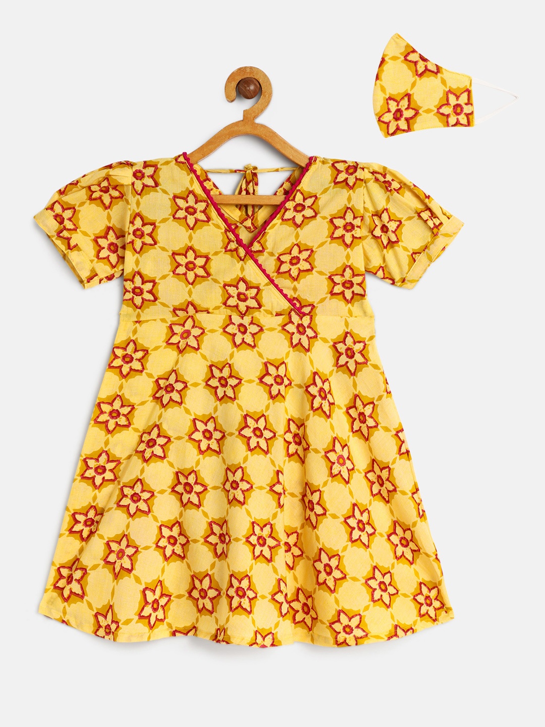 

Kidcetra Girls Yellow & Red Floral Printed Fit and Flare Dress