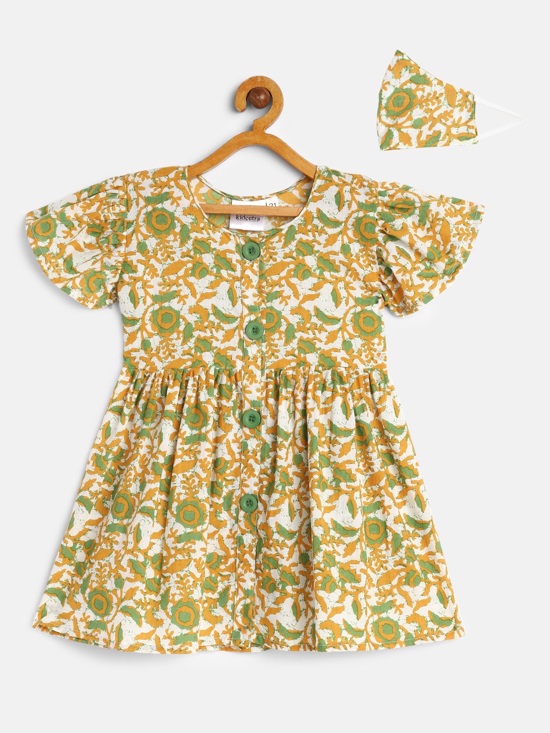 

kidcetra Girls Mustard Printed Fit and Flare Dress with Mask
