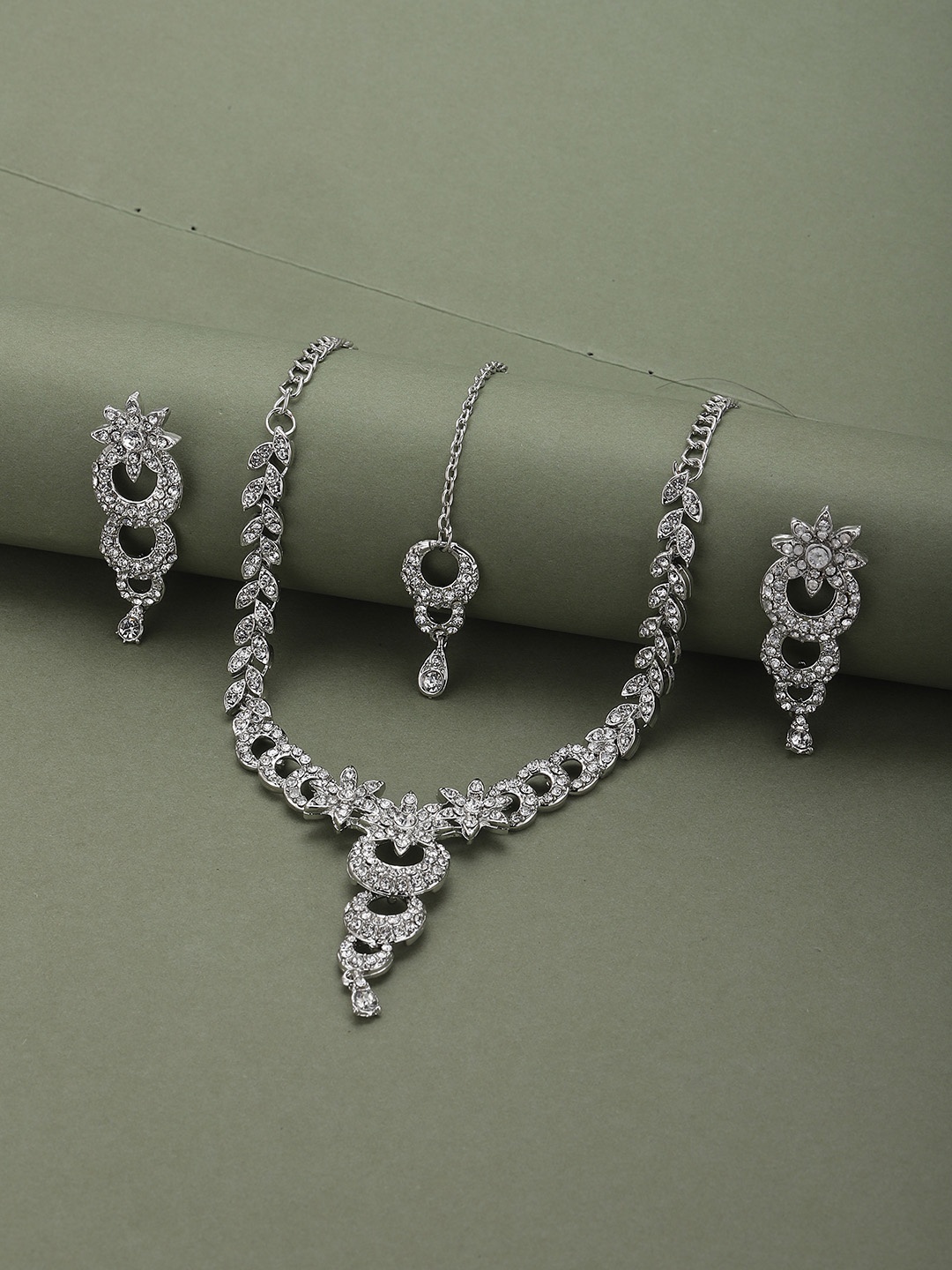 

Carlton London Silver-Toned Rhodium-Plated CZ Studded Handcrafted Jewellery Set