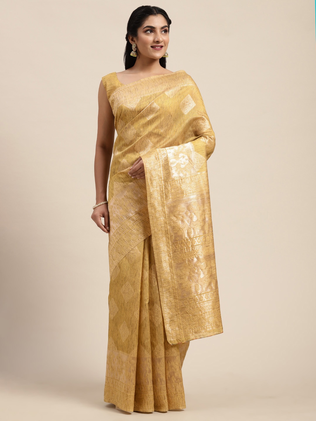 

Saree mall Mustard Yellow & Silver-Toned Linen Blend Woven Design Banarasi Saree