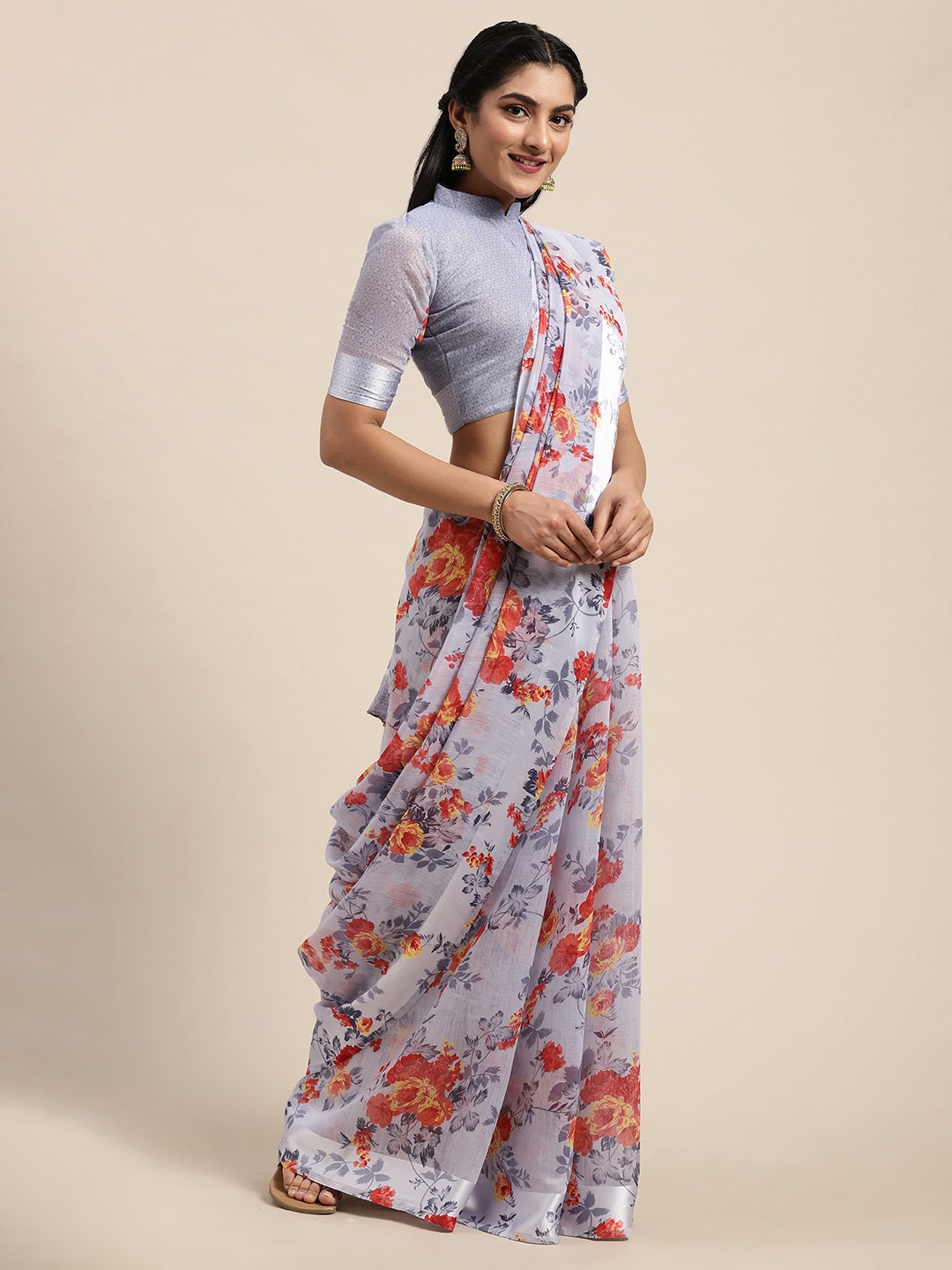 

Saree mall Grey & Orange Linen Blend Floral Printed Saree