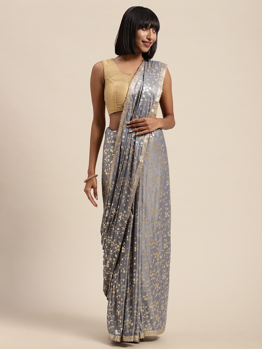 

Saree mall Grey & Golden Silk Blend Foil Printed Saree