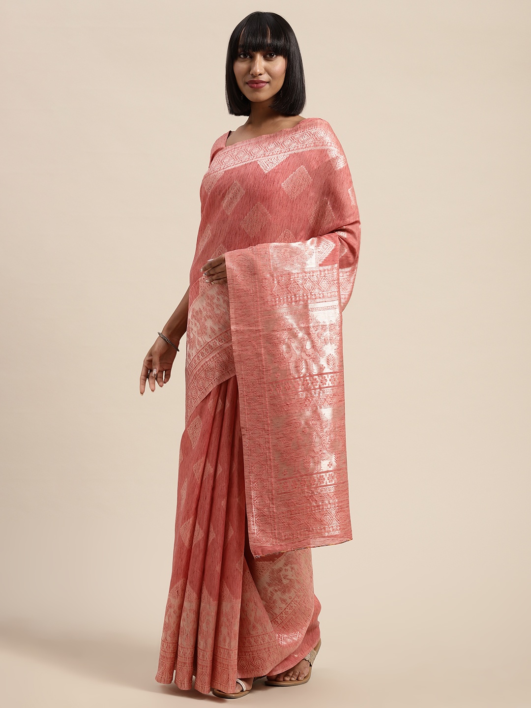 

Saree mall Peach-Coloured & Silver-Toned Linen Blend Woven Design Banarasi Saree