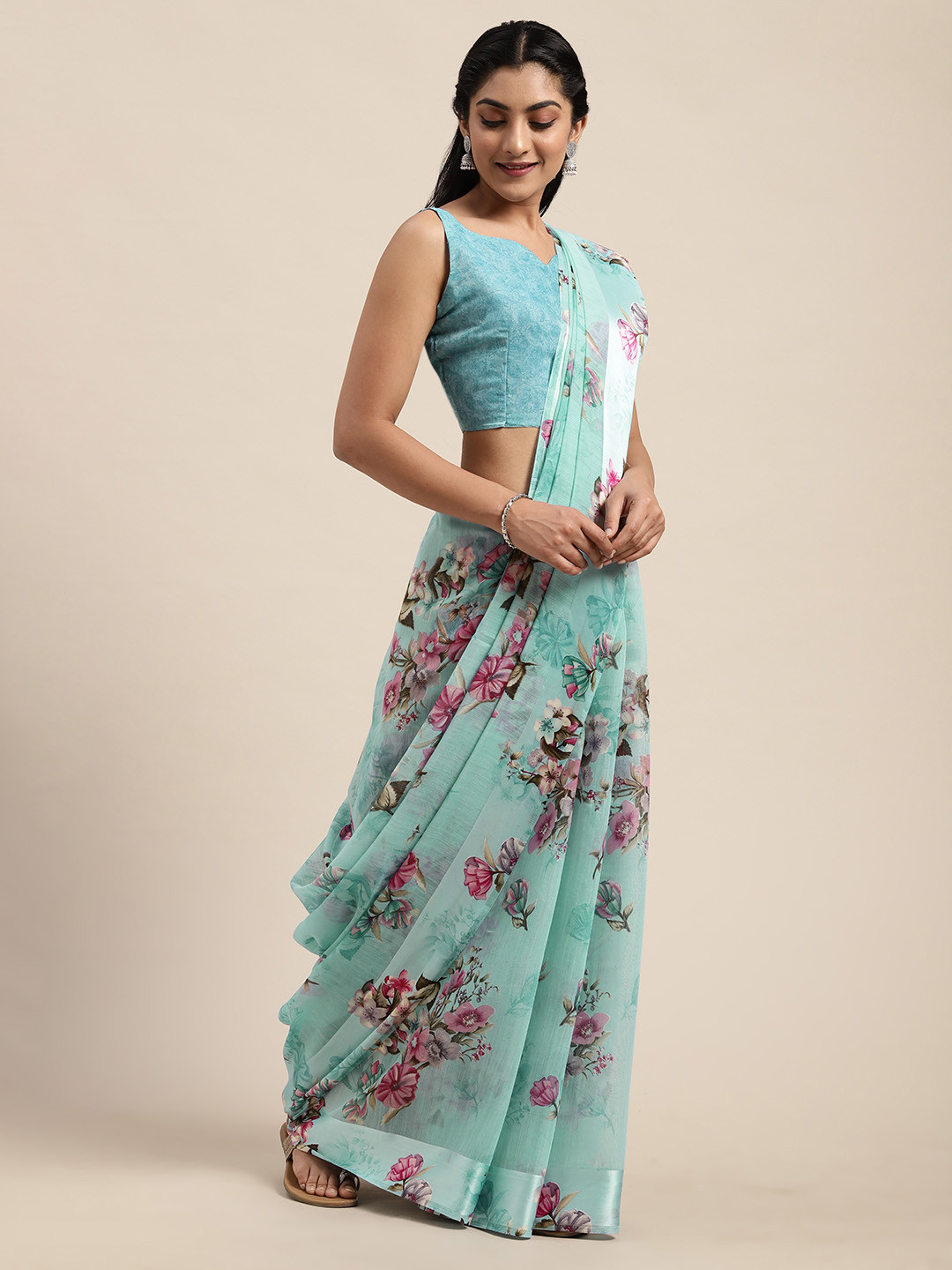 

Saree mall Blue & Pink Linen Blend Printed Saree