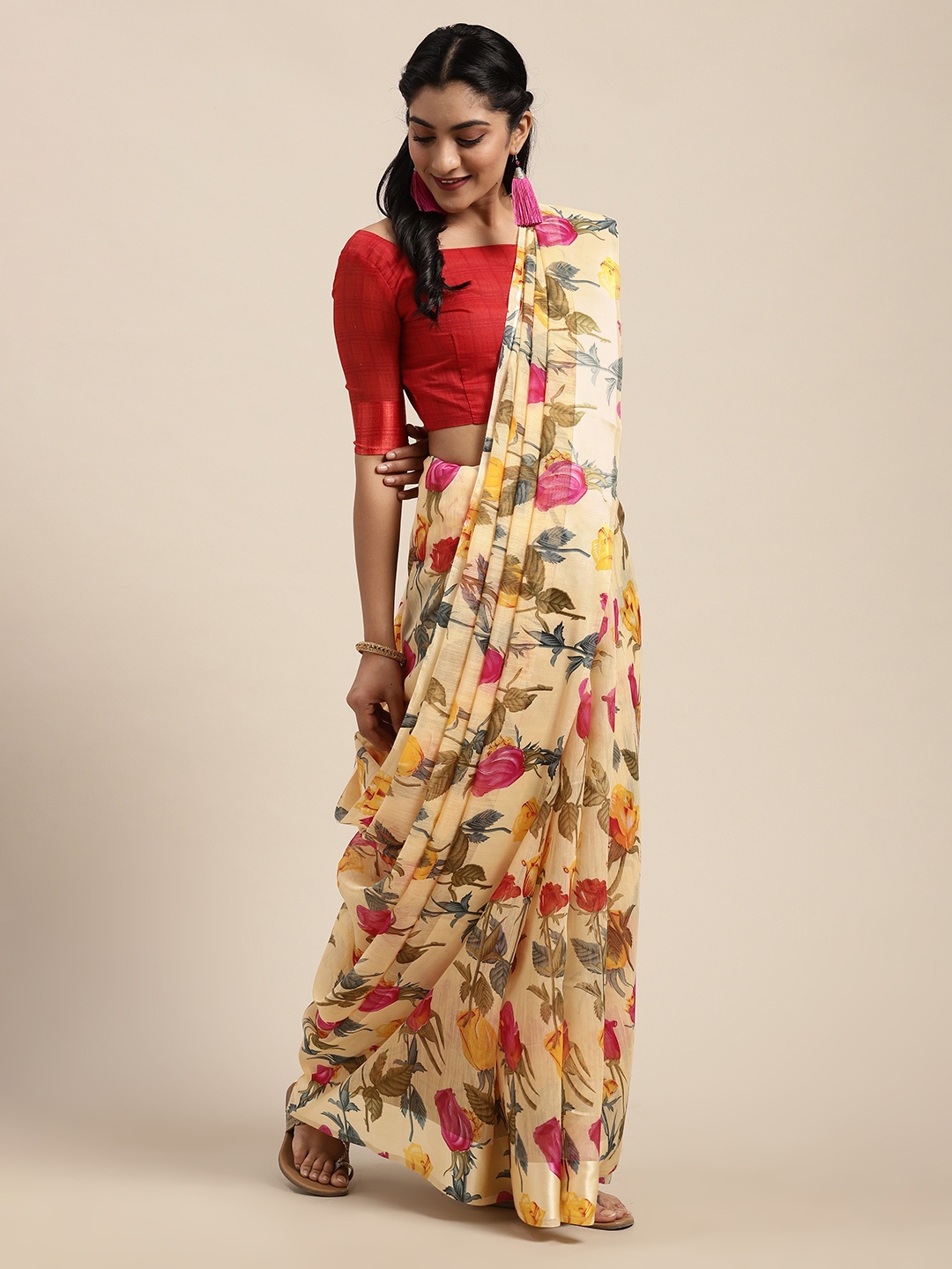 

Saree mall Cream-Coloured & Red Linen Blend Floral Printed Saree