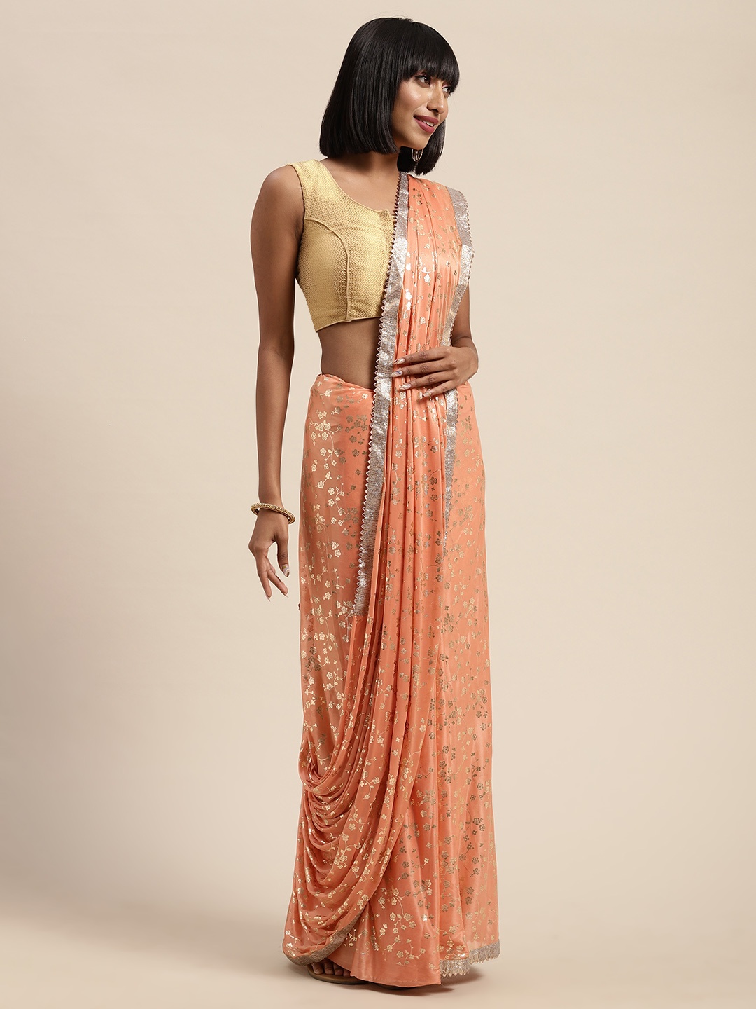 

Saree mall Peach-Coloured & Golden Silk Blend Foil Printed Saree