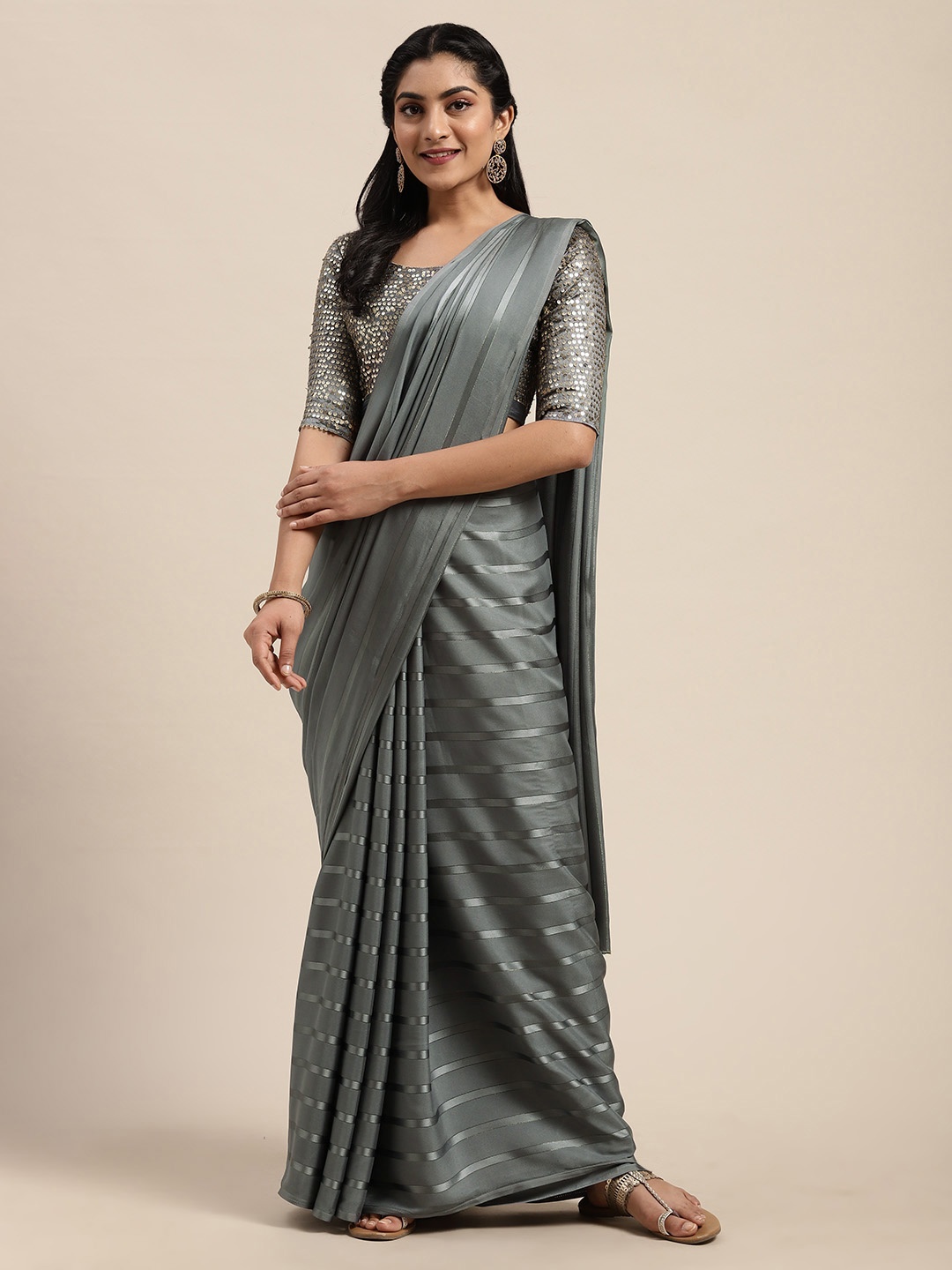 

Saree mall Grey Striped Satin Saree