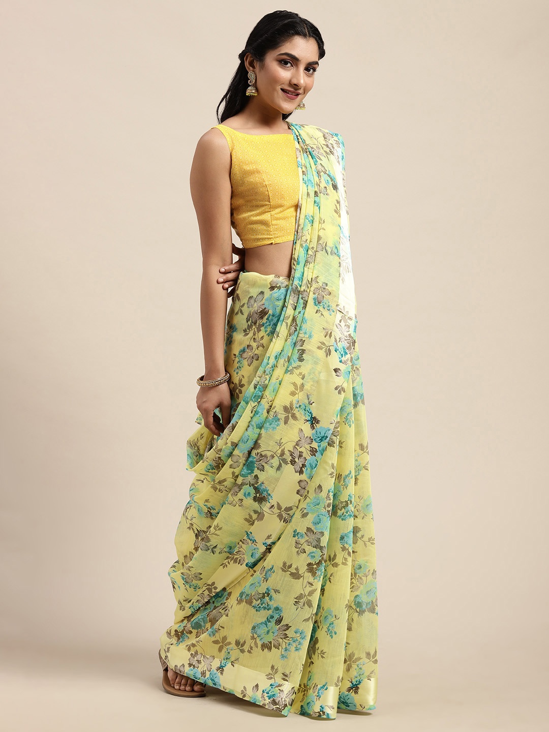 

Saree mall Yellow & Blue Linen Blend Floral Printed Saree