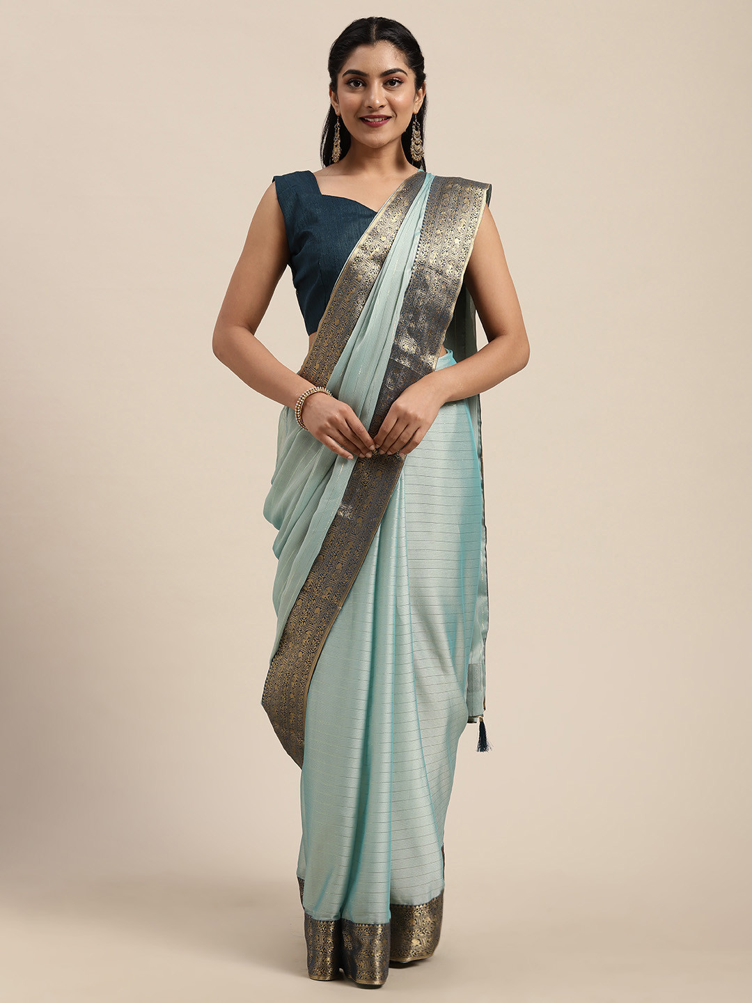 

Saree mall Blue Pure Georgette Solid Leheriya Saree