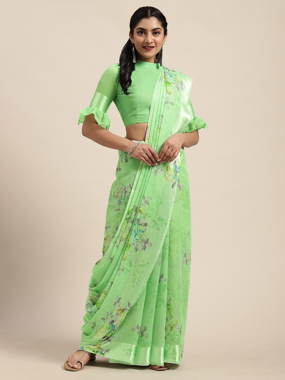 

Saree mall Green & Lavender Linen Blend Floral Printed Saree