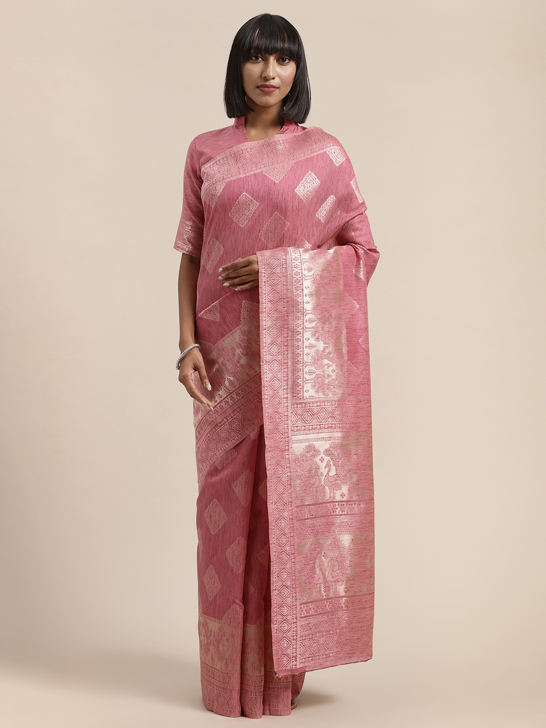 

Saree mall Pink & Silver-Toned Linen Blend Woven Design Banarasi Saree
