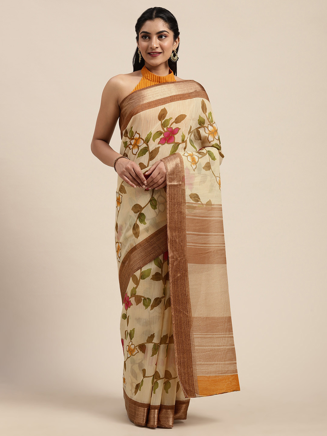 

Saree mall Beige & Green Linen Blend Floral Printed Saree