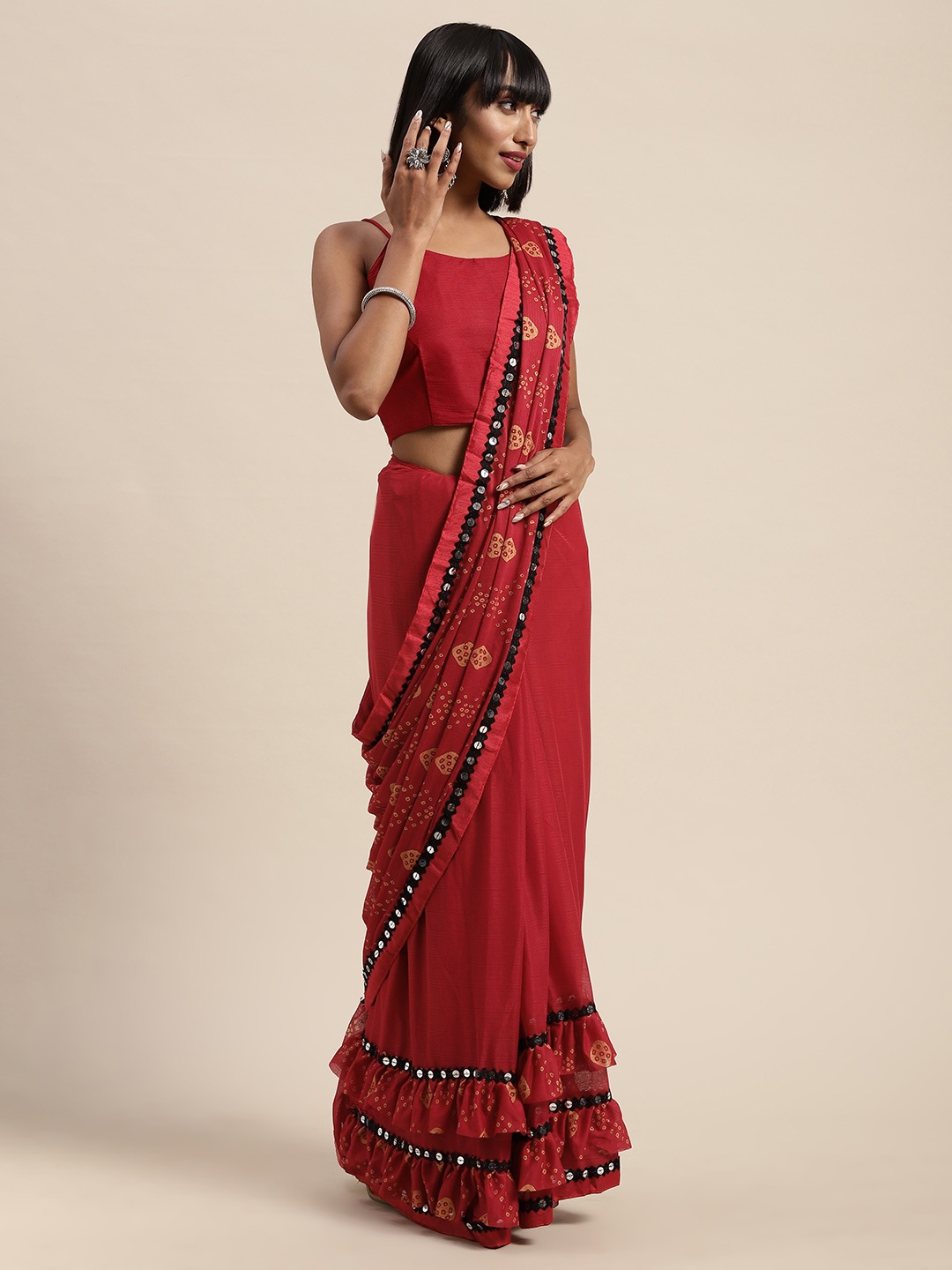 

Saree mall Maroon & Black Silk Blend Printed Bandhani Saree