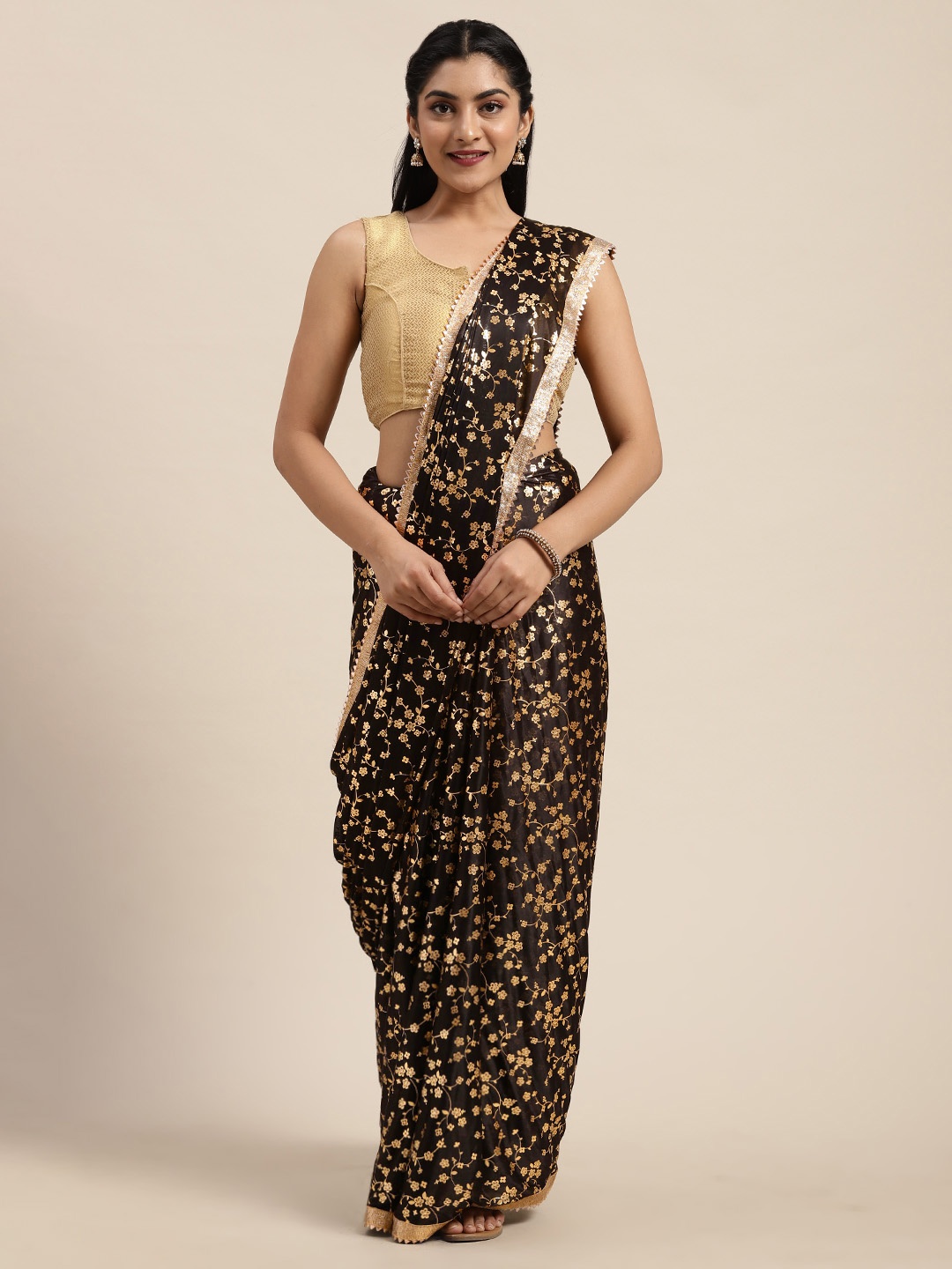 

Saree mall Black & Gold-Toned Silk Blend Printed Saree