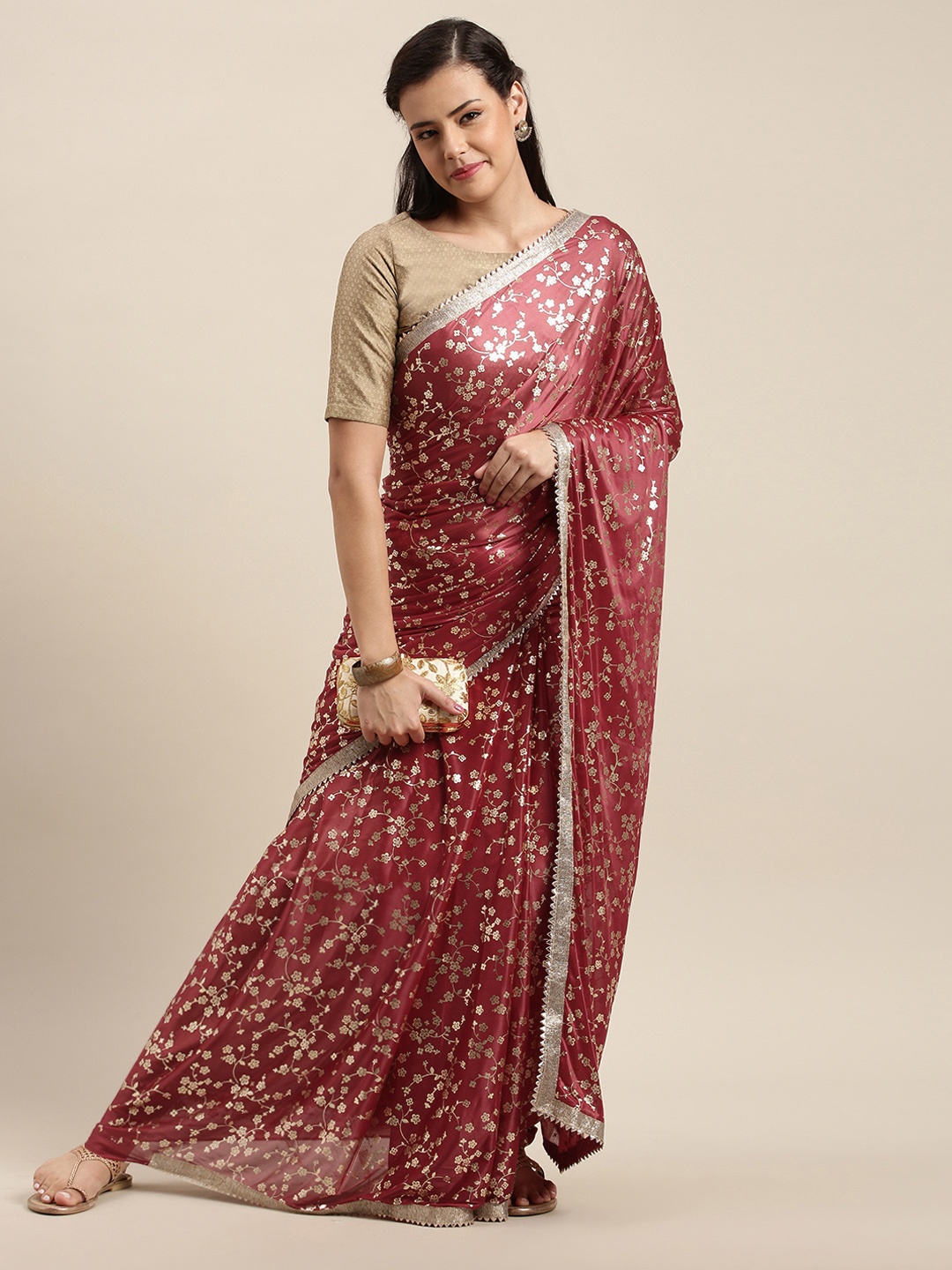 

Saree mall Maroon & Gold-toned Silk Blend Foil Printed Chanderi Saree