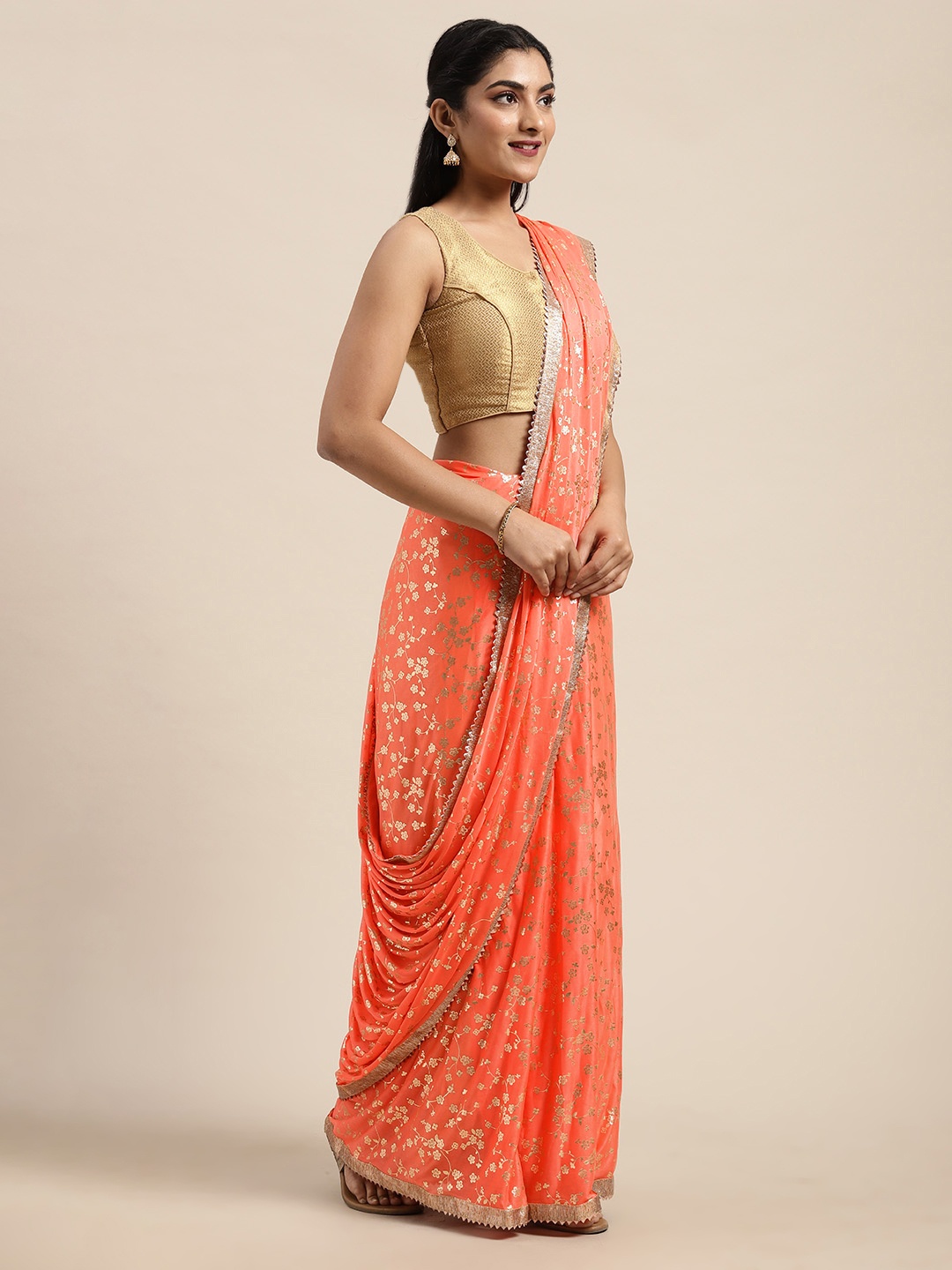

Saree mall Orange Silk Blend Printed Chanderi Saree
