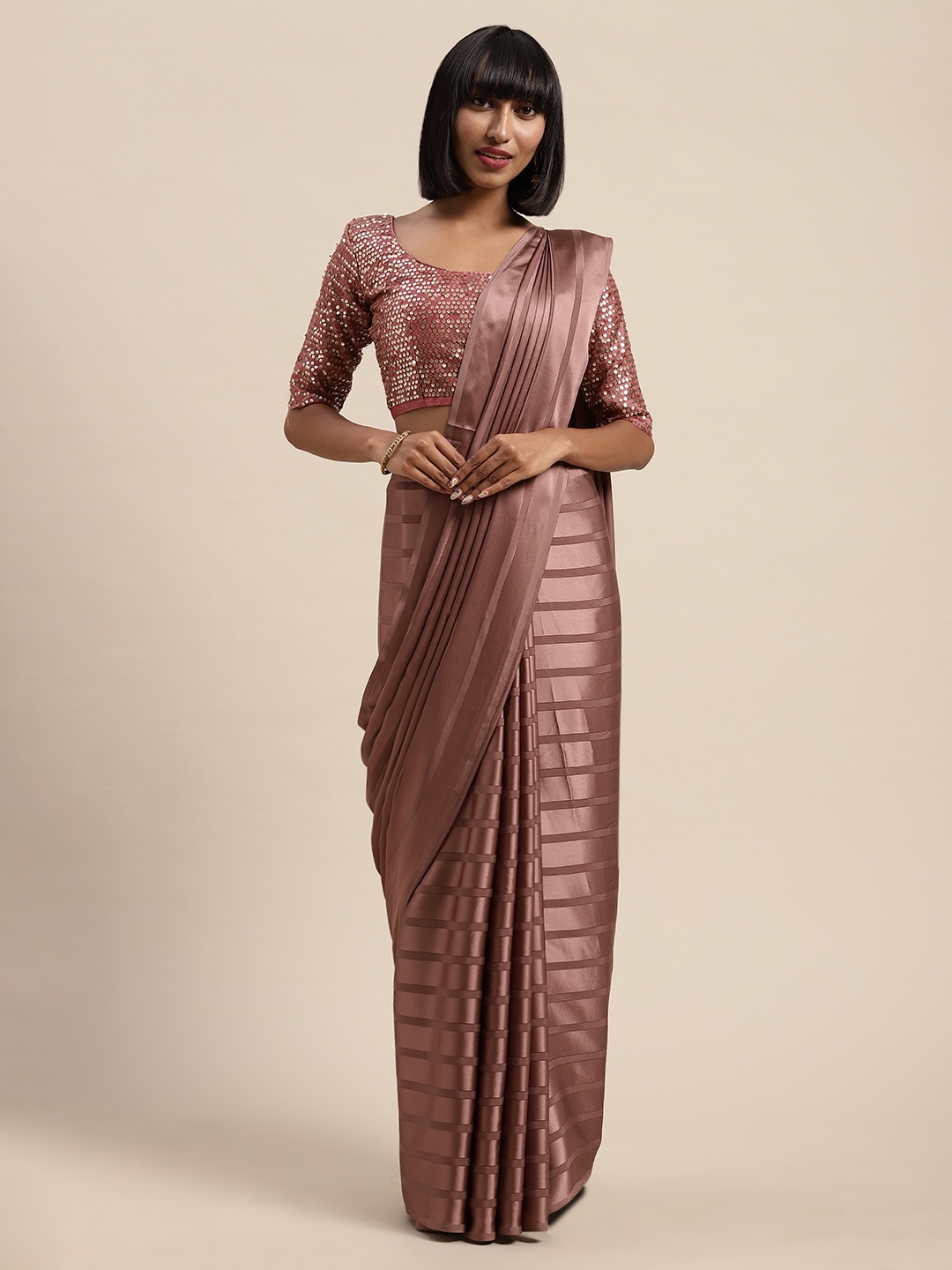 

Saree mall Mauve Satin Striped Leheriya Saree