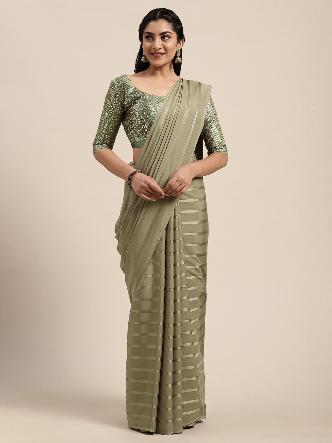 

Saree mall Olive Green Satin Striped Saree