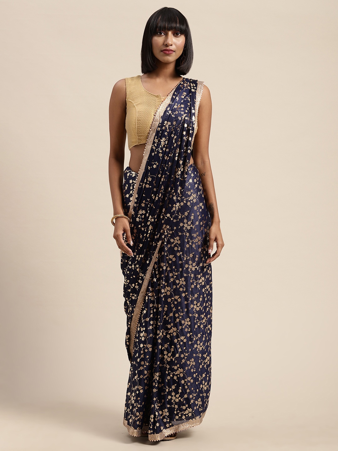 

Saree mall Navy Blue & Golden Silk Blend Foil Printed Saree