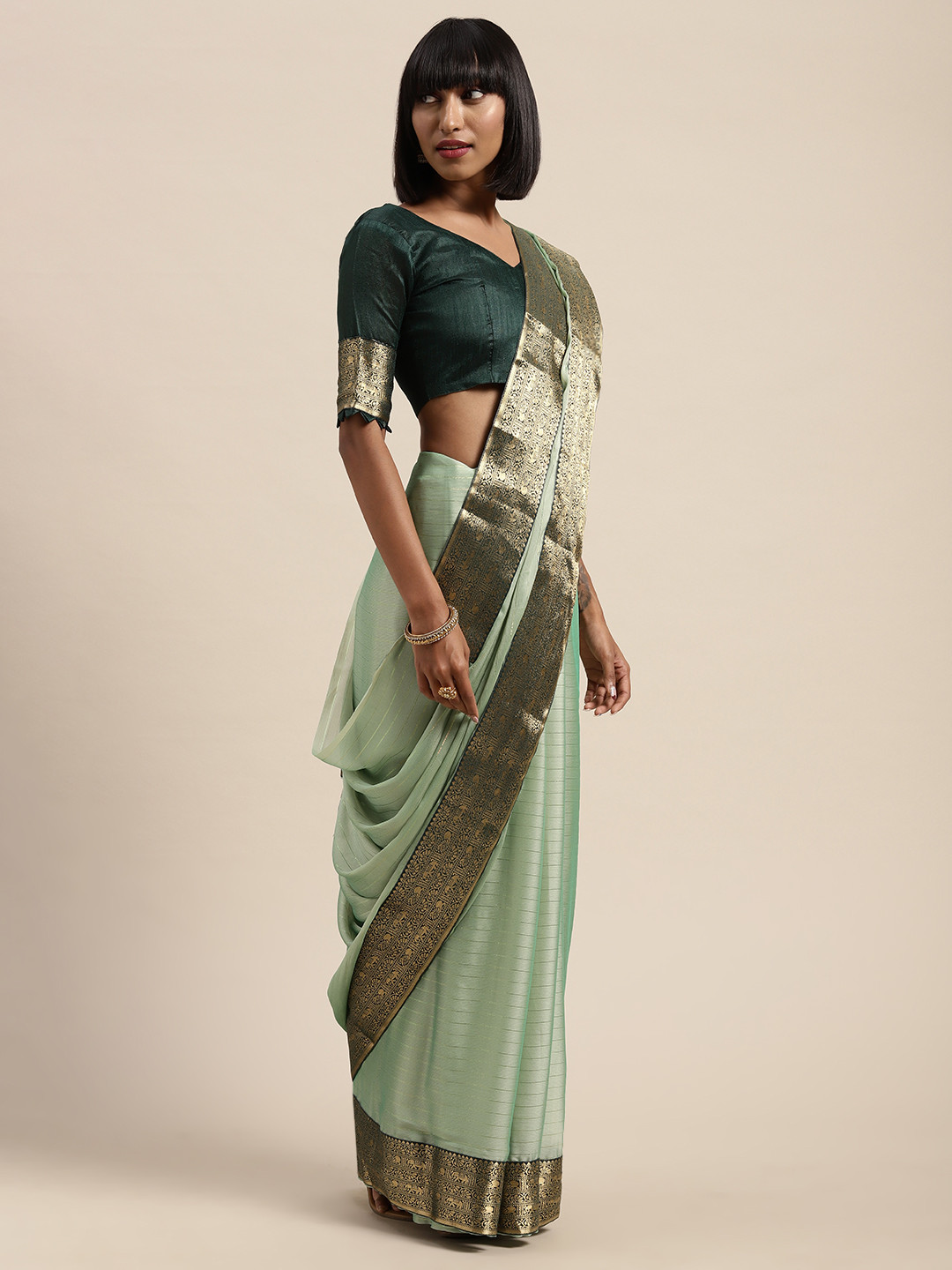 

Saree mall Olive Green & Golden Pure Georgette Striped Saree