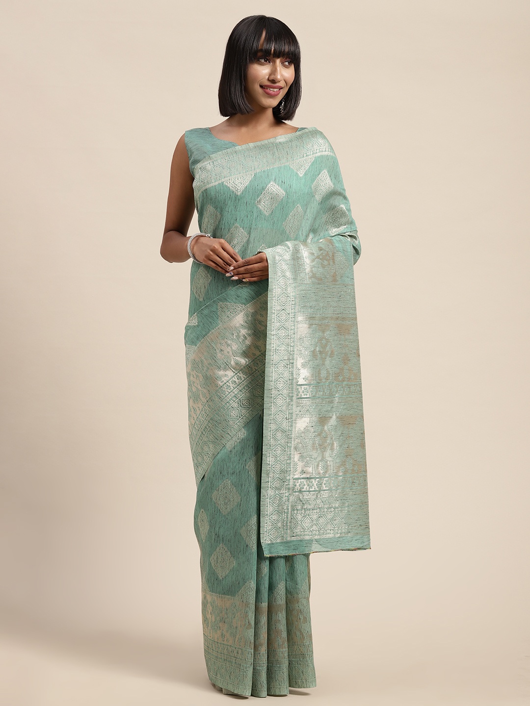 

Saree mall Sea Green & Silver-Toned Linen Blend Woven Design Banarasi Saree