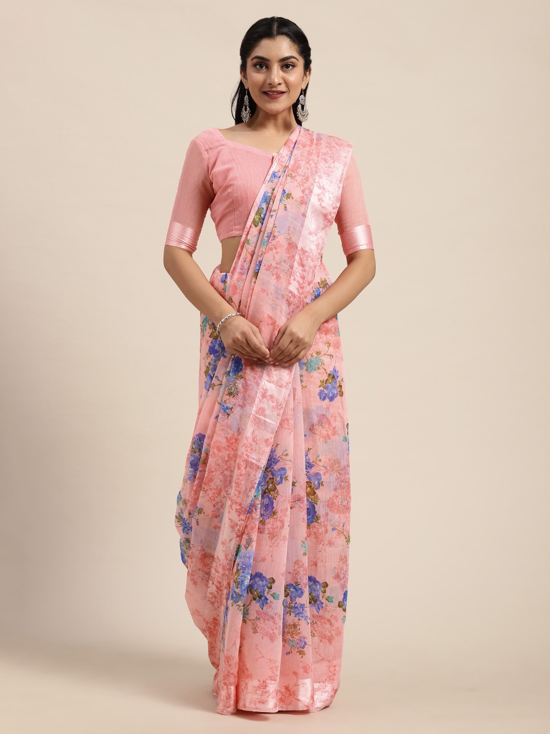

Saree mall Pink & Blue Linen Blend Floral Printed Saree