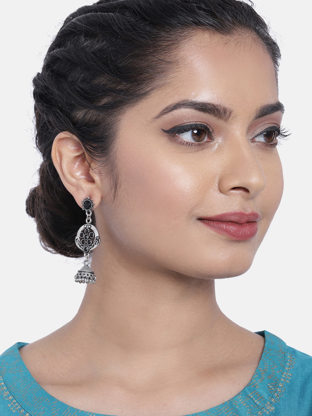 

Ayesha Oxidized Silver-Toned & Black Stone Studded Dome Shaped Jhumkas