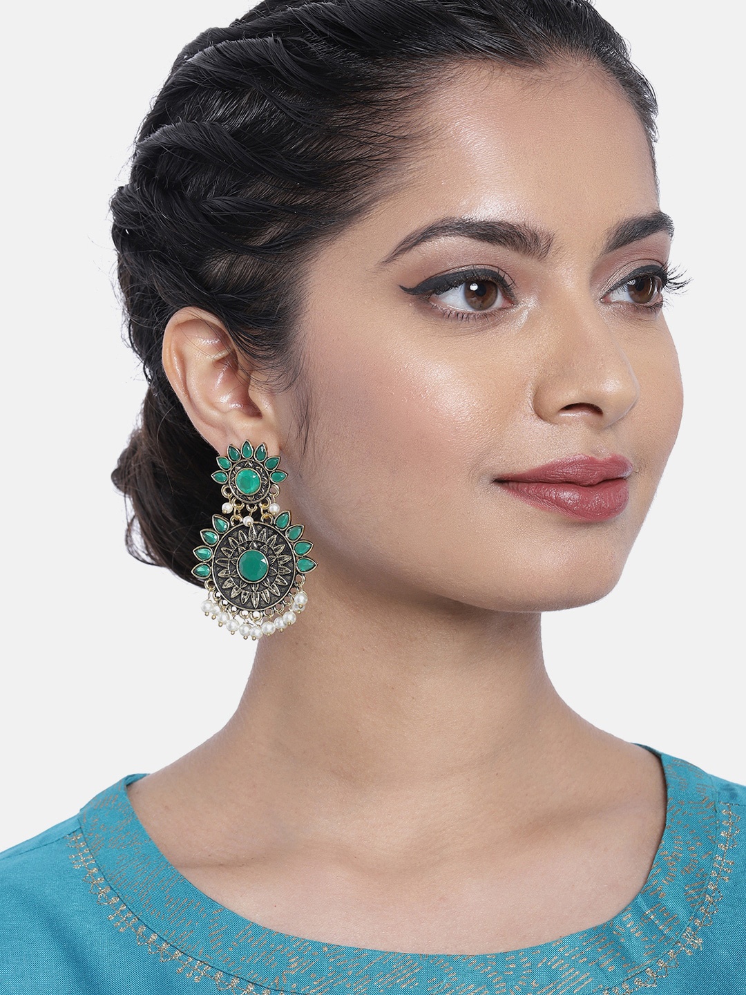 

Ayesha Antique Gold-Toned & Green Studded Pearl Classic Drop Earrings