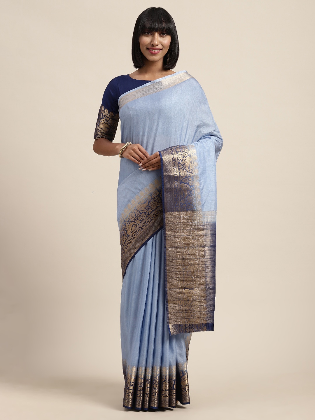 

Shaily Blue & Navy Blue Silk Blend Woven Design Saree