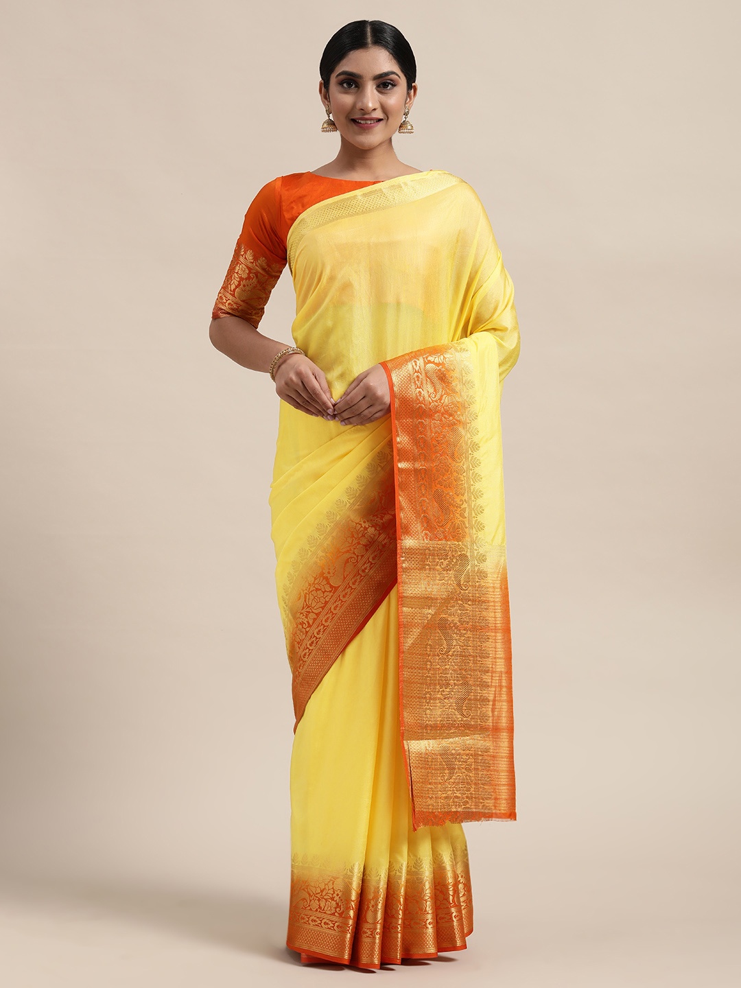 

Shaily Yellow & Orange Silk Blend Woven Design Zari Saree