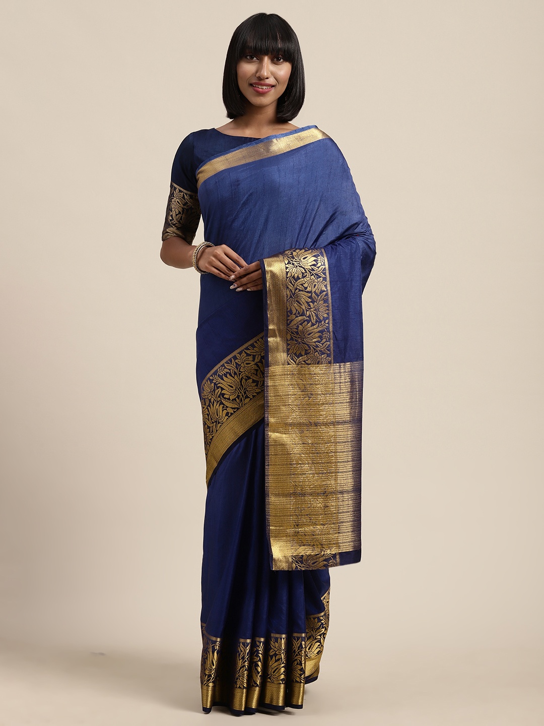 

Shaily Navy Blue Solid Silk Blend Saree