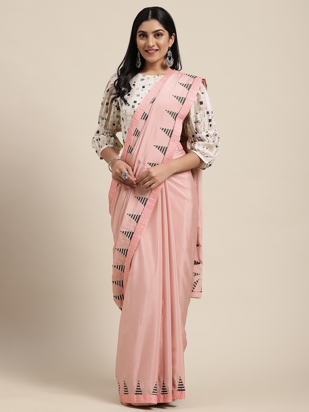 

Shaily Pink Solid Poly Chiffon Saree