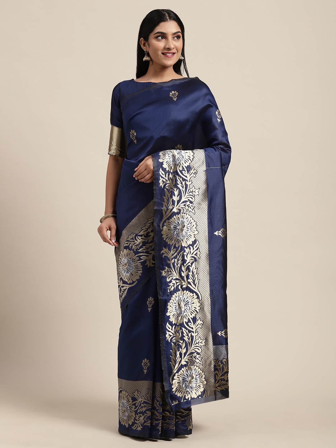 

Shaily Navy Blue & Silver-Toned Silk Blend Woven Design Saree