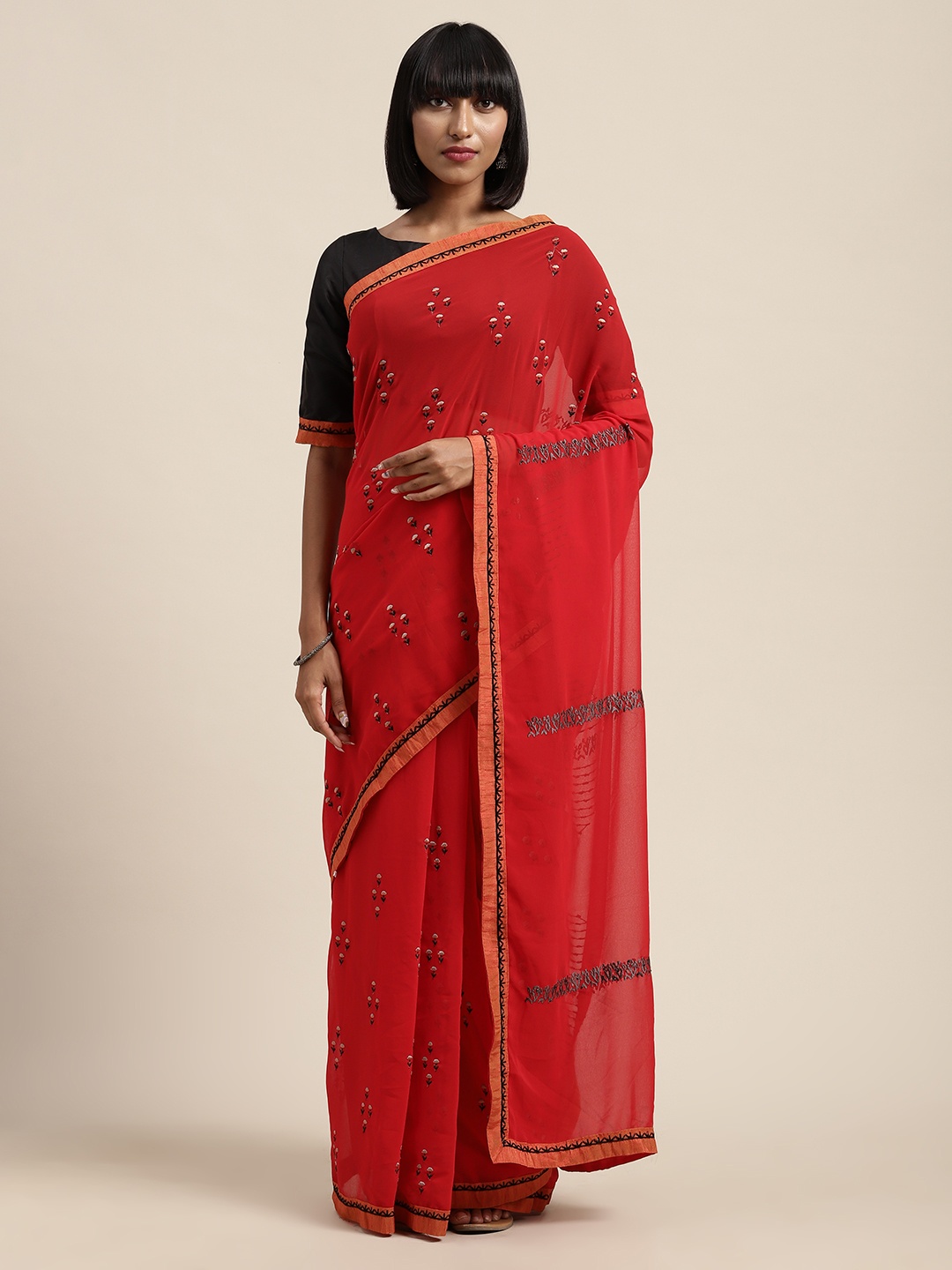 

Shaily Red & Black Embroidered Saree