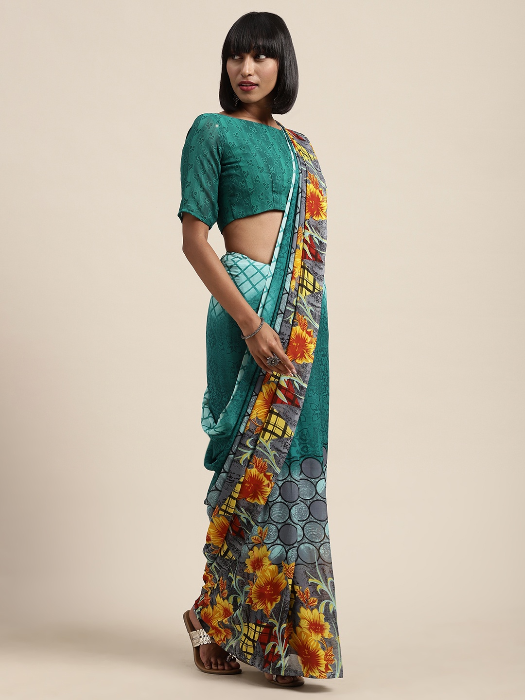 

Shaily Green & Yellow Poly Georgette Printed Saree