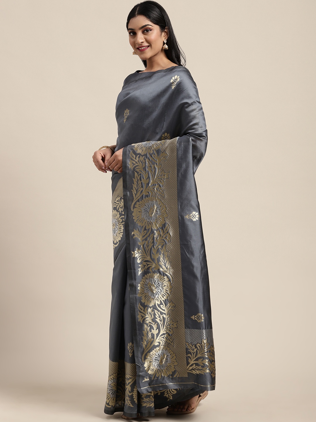 

Shaily Grey & Golden Silk Blend Woven Design Saree