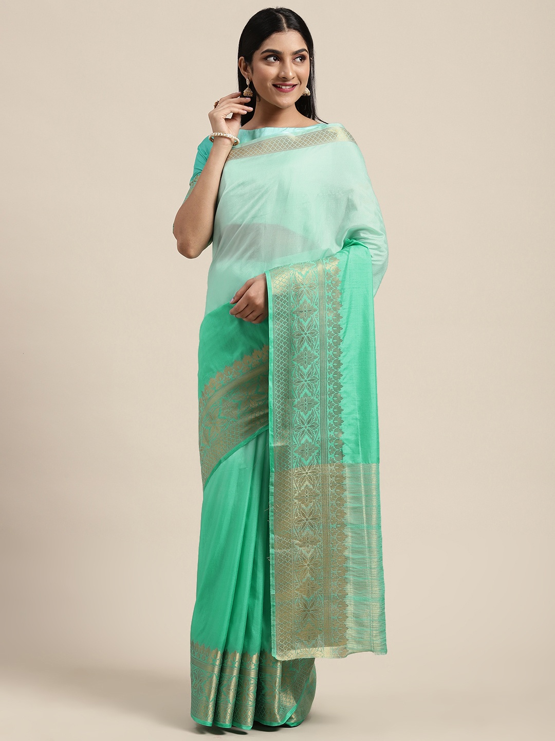 

Shaily Teal & Silver-Toned Solid Saree