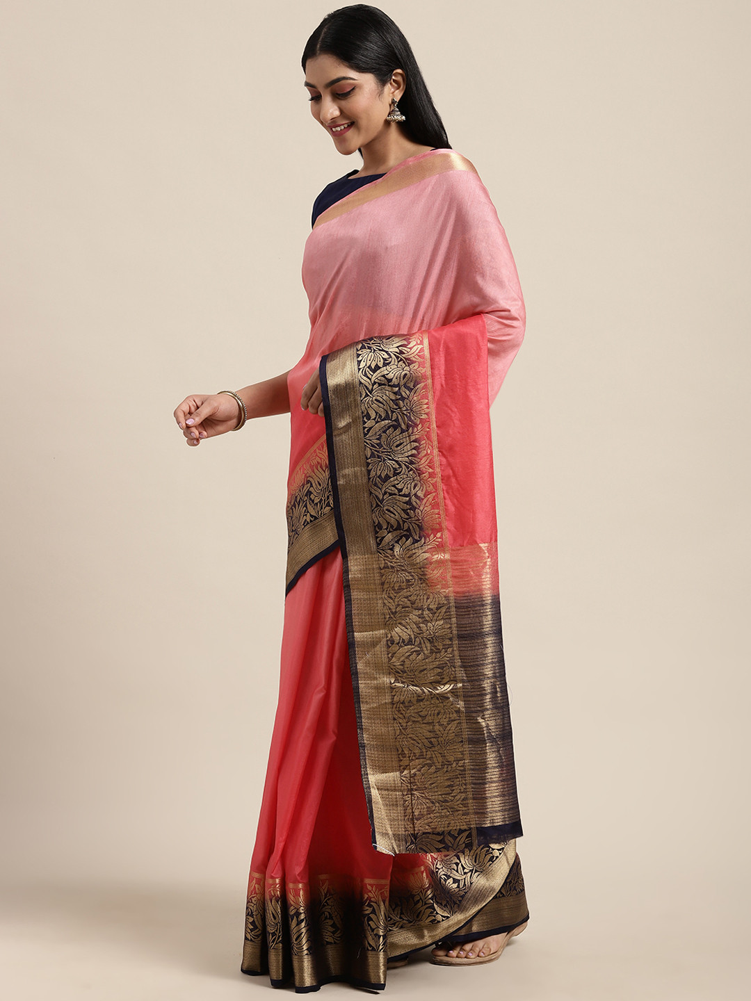 

Shaily Pink & Navy Blue Silk Blend Ombre Dyed Saree